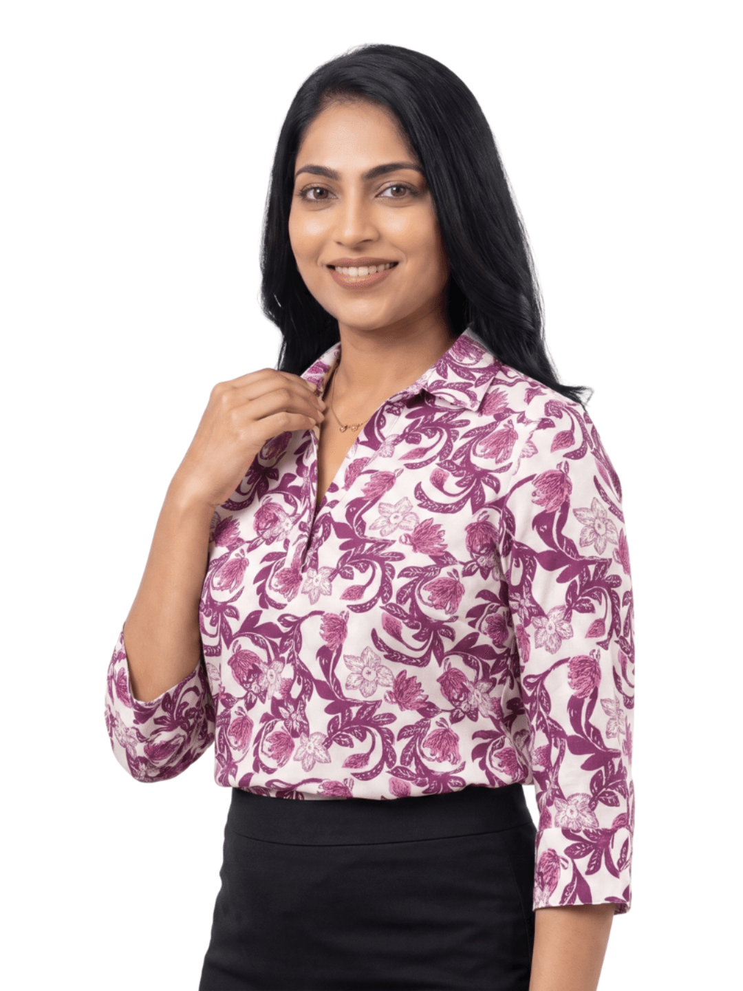 White & Fuchsia Tropical Floral Blouse - Ladies Office Blouse, Sri Lanka