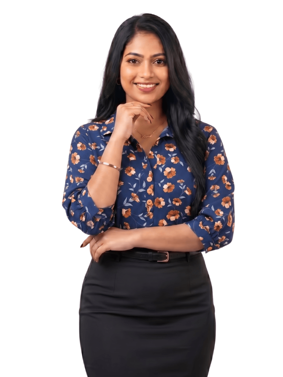Navy & Amber Floral Button-Front Blouse - Ladies Office Blouse, Sri Lanka