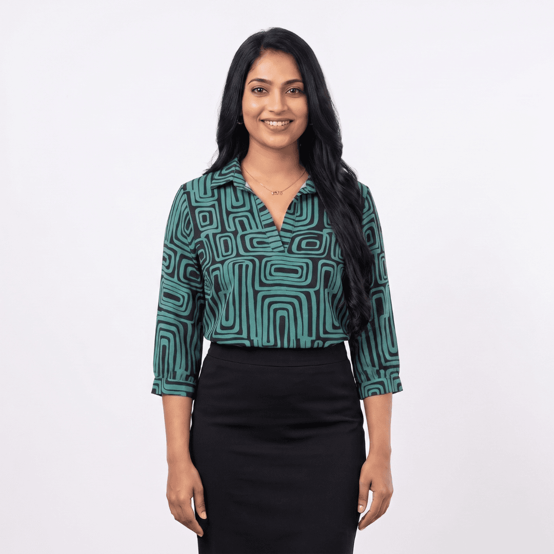 Teal & Black Geometric Maze Blouse - Ladies Office Blouse, Sri Lanka